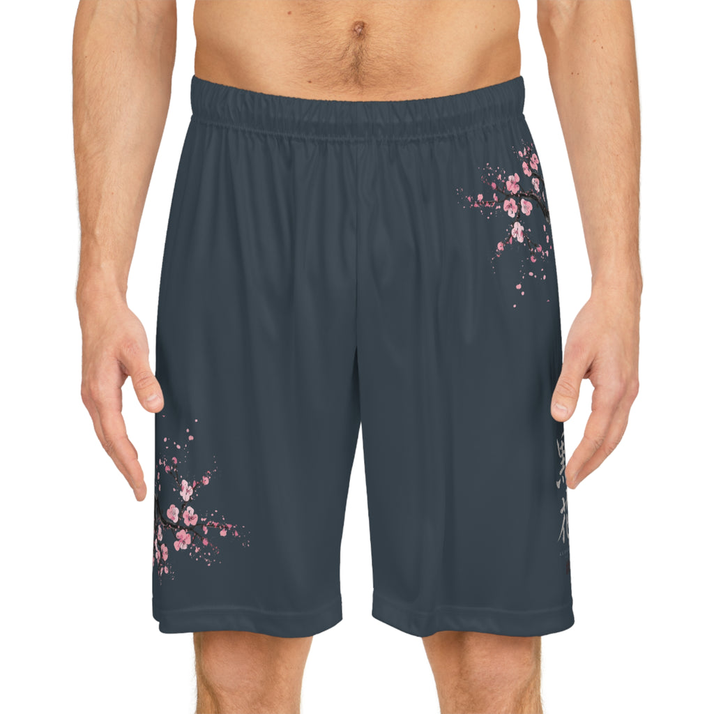 Cherry Blossom Basketball Shorts — Black Hana Floral AOP Athletic Shorts