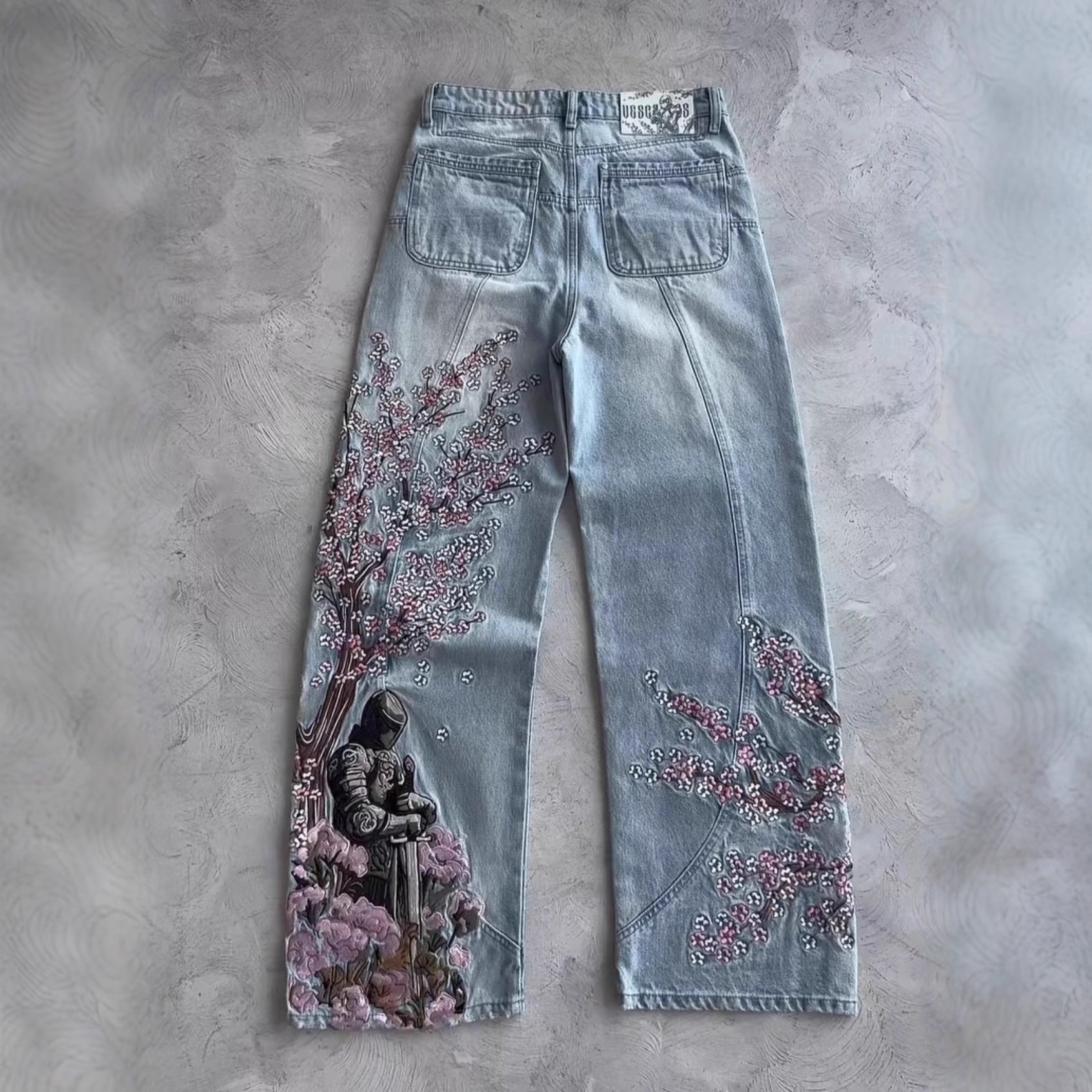 Vintage Harajuku Embroidered Plum Blossom Cotton Washed Denim Pants High Street Patchwork Slim Straight Leg Jeans
