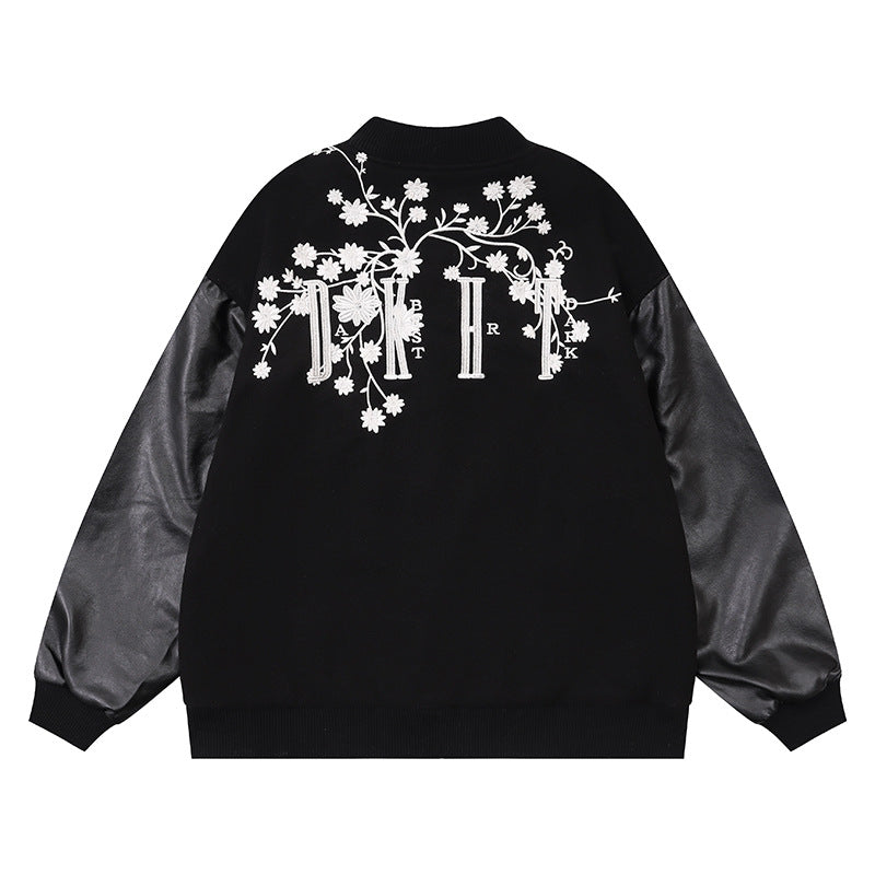 Baseball jacket with plum blossom embroidery and PU leather patchwork