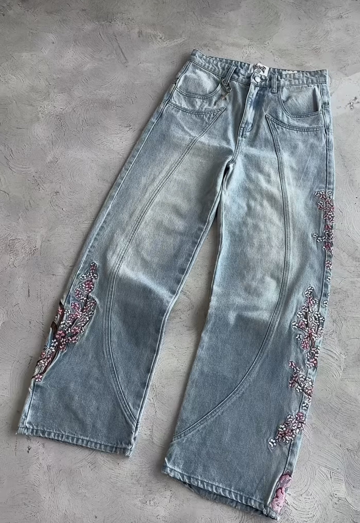 Vintage Harajuku Embroidered Plum Blossom Cotton Washed Denim Pants High Street Patchwork Slim Straight Leg Jeans