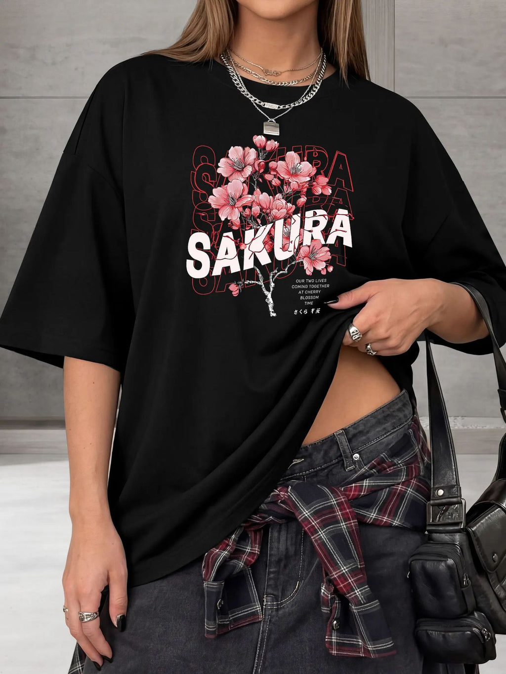 Plum blossom print loose short sleeved round neck T-shirt