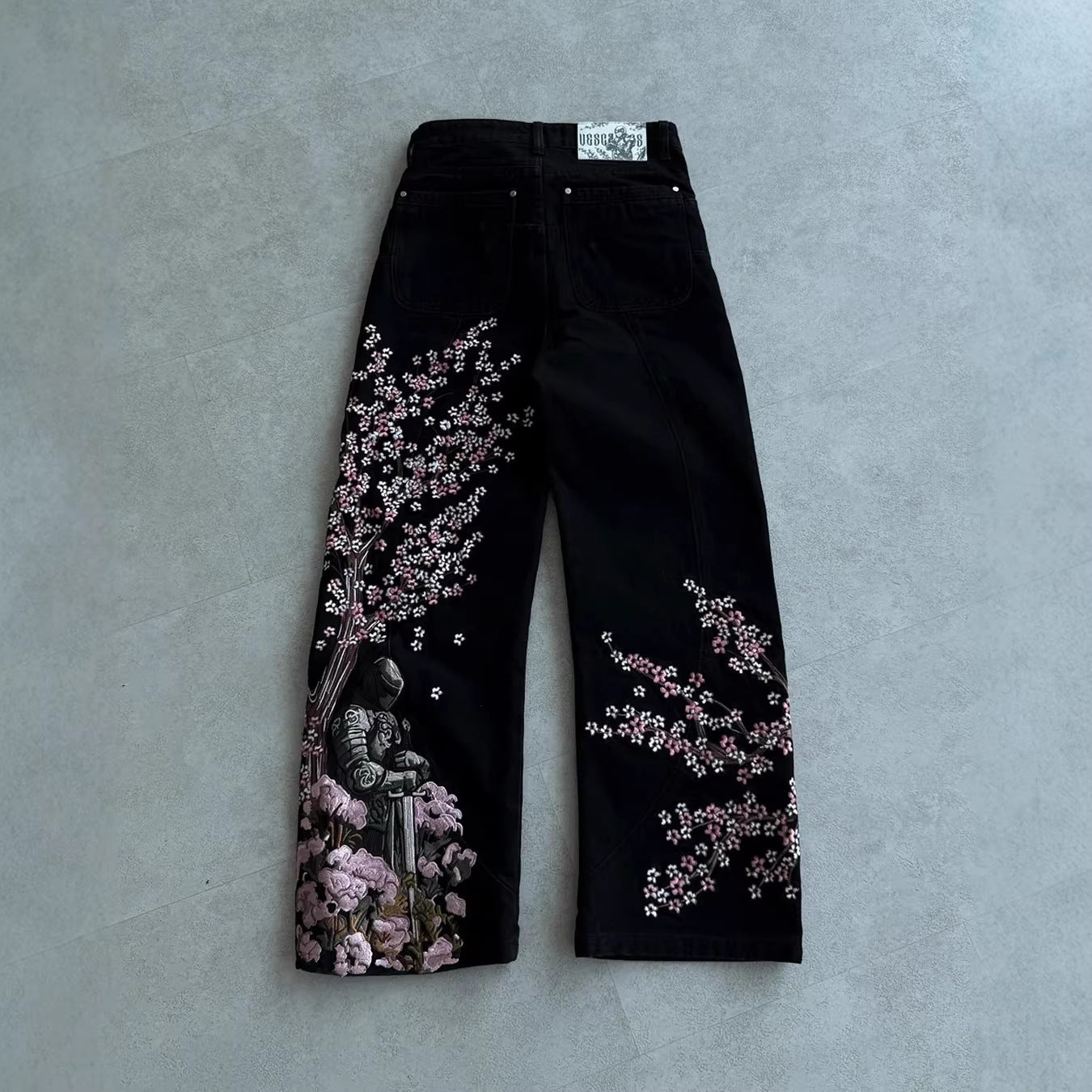 Vintage Harajuku Embroidered Plum Blossom Cotton Washed Denim Pants High Street Patchwork Slim Straight Leg Jeans