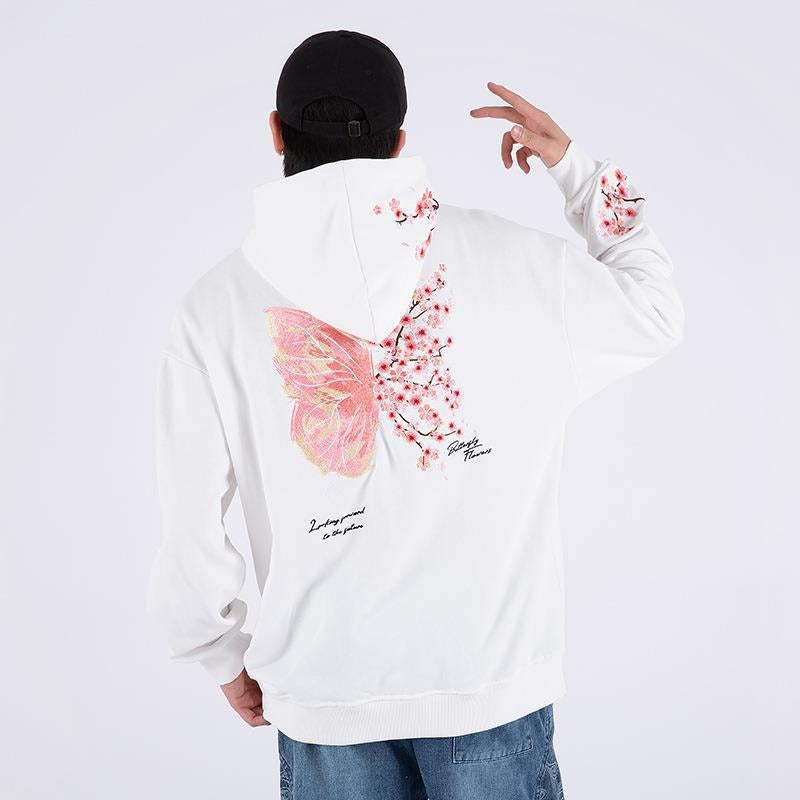 Autumn and Winter New Plum Blossom Stamping Sweater China-Chic Couple's Plush Hooded Sports Long Sleeve Men's Loose Pullover