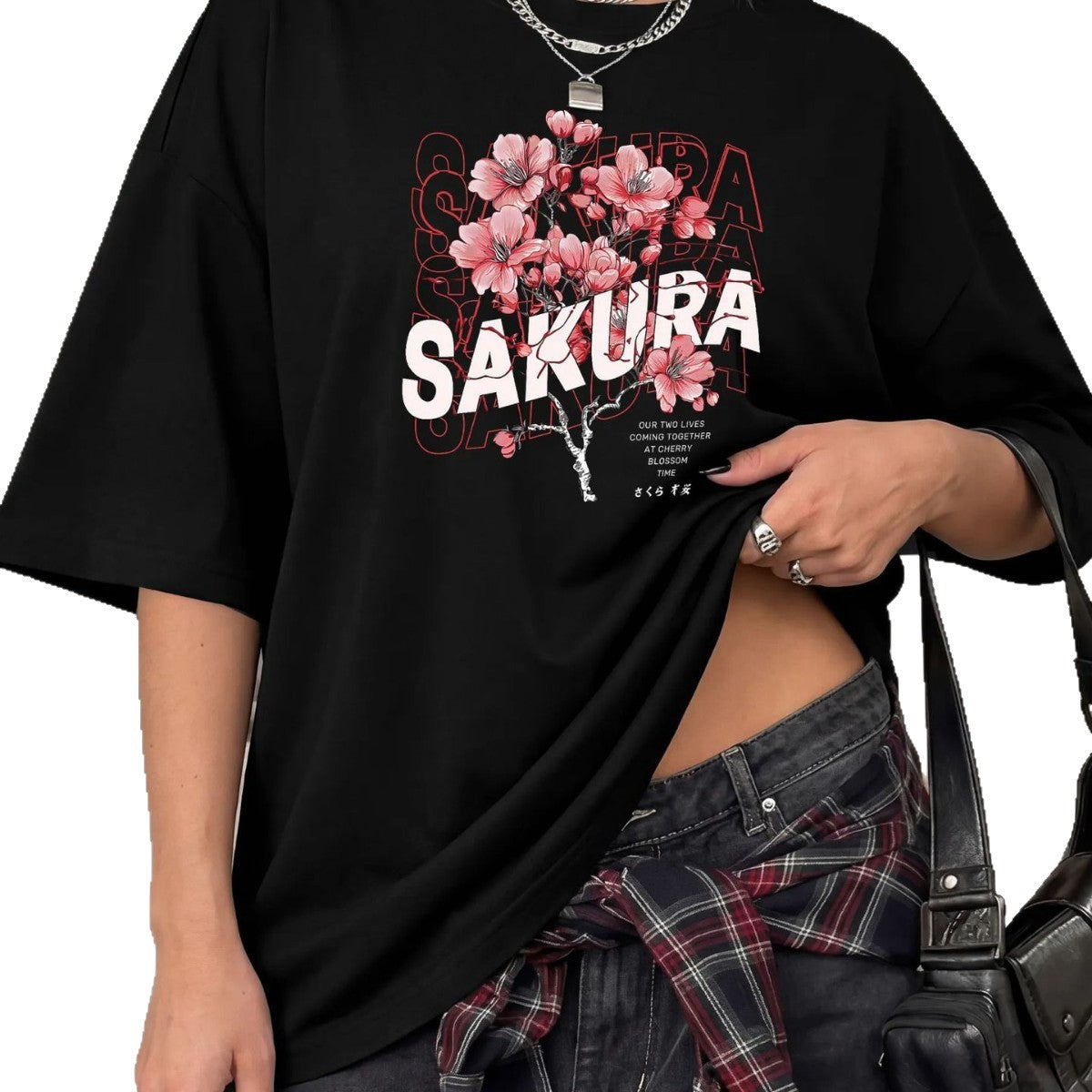 Plum blossom print loose short sleeved round neck T-shirt