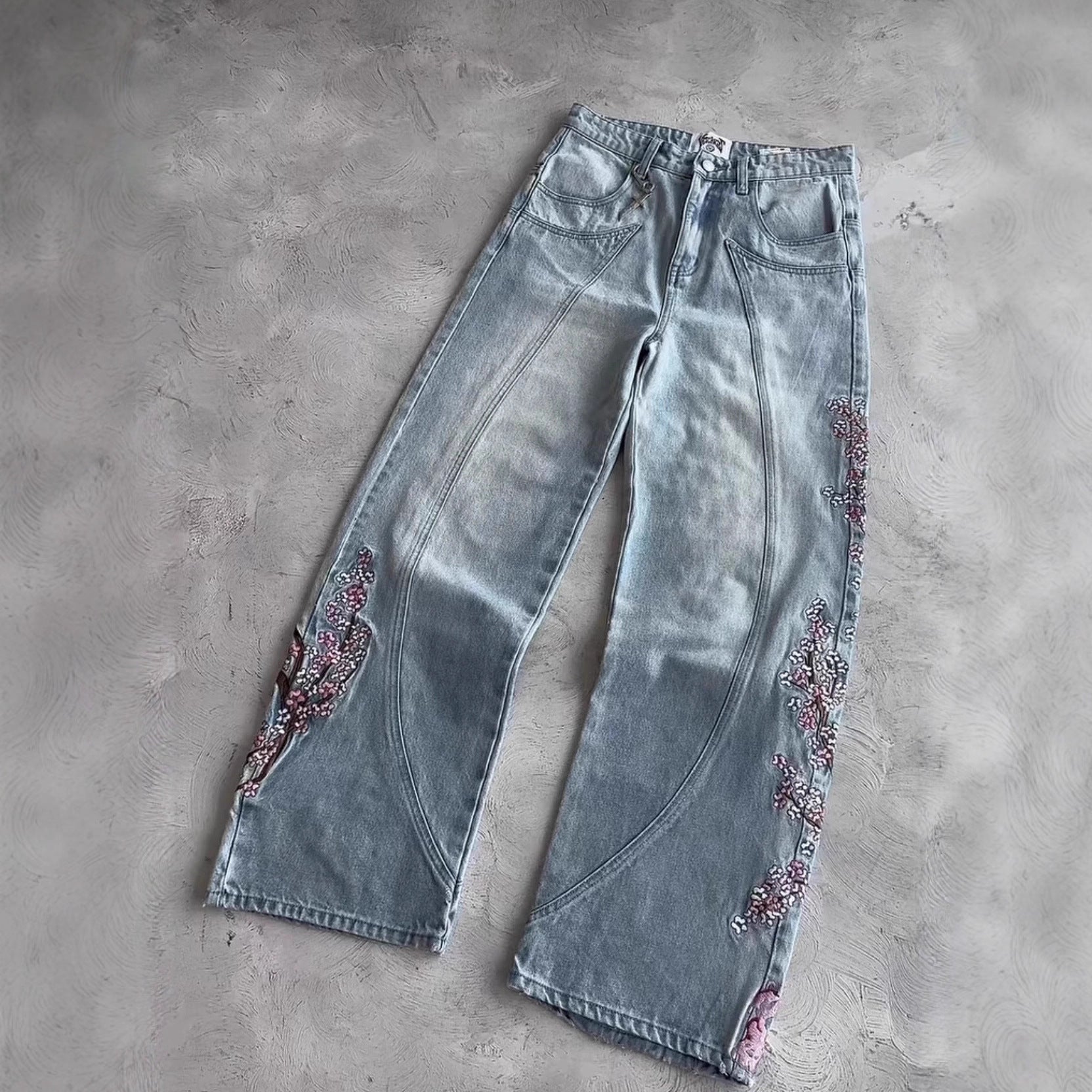 Vintage Harajuku Embroidered Plum Blossom Cotton Washed Denim Pants High Street Patchwork Slim Straight Leg Jeans