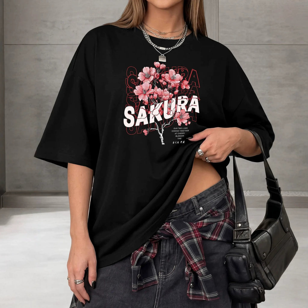 Plum blossom print loose short sleeved round neck T-shirt
