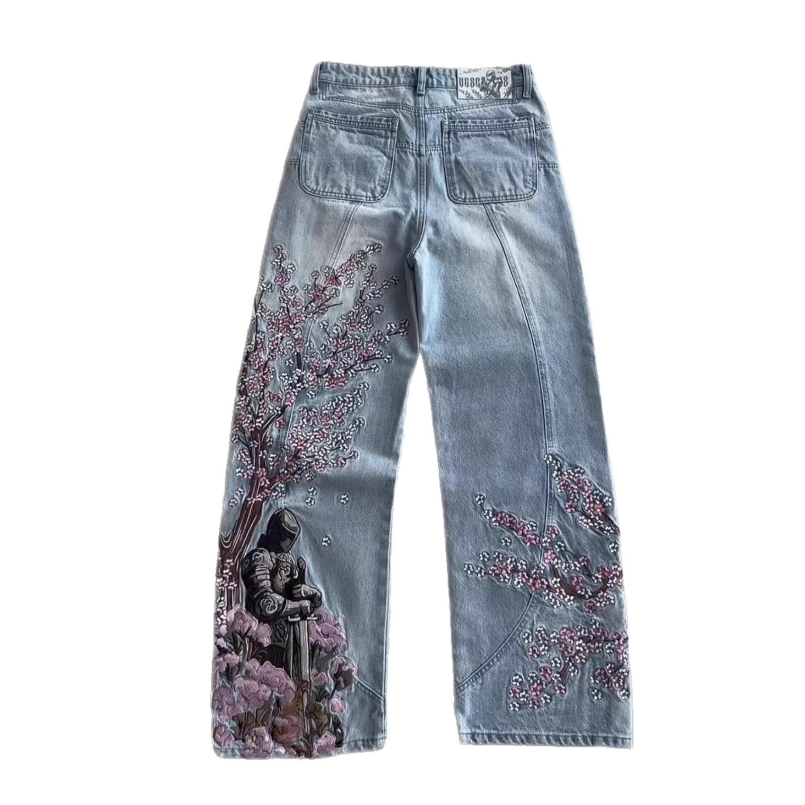 Vintage Harajuku Embroidered Plum Blossom Cotton Washed Denim Pants High Street Patchwork Slim Straight Leg Jeans