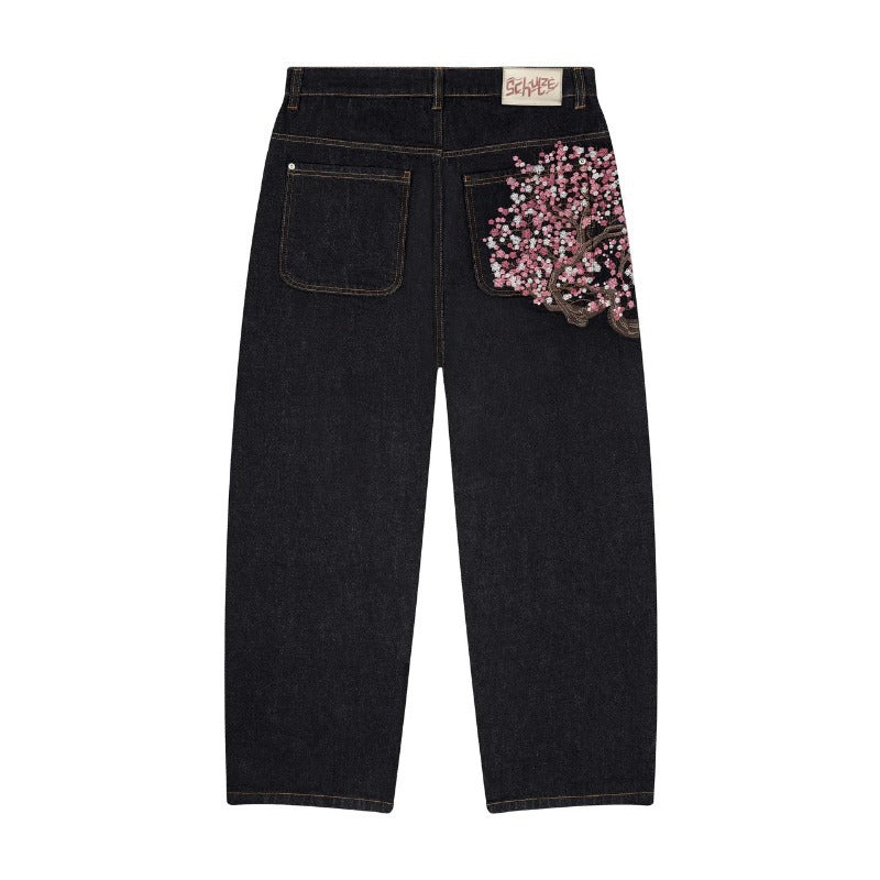 Brand derschutze Casual Long Pants Plum Blossom Embroidery Street Denim Pants Loose Wide-leg Pants for Men