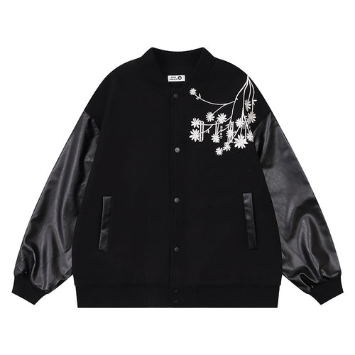 Baseball jacket with plum blossom embroidery and PU leather patchwork