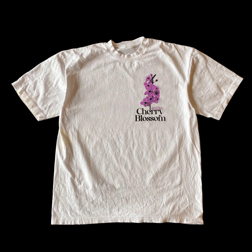 Retro Harajuku Classic Peach Blossom Print Casual Street Short Sleeve Round Neck T-Shirt