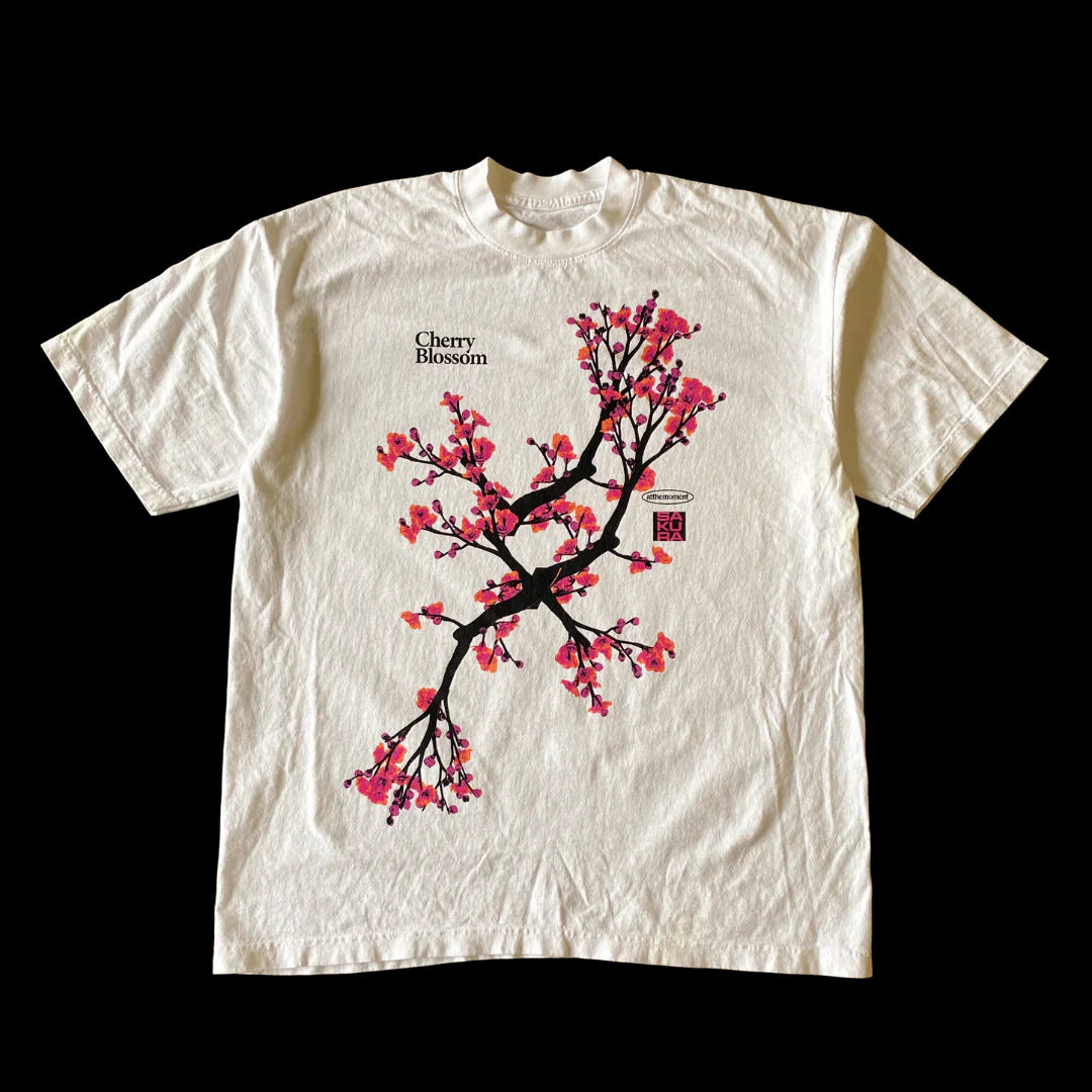 Retro Harajuku Classic Peach Blossom Print Casual Street Short Sleeve Round Neck T-Shirt