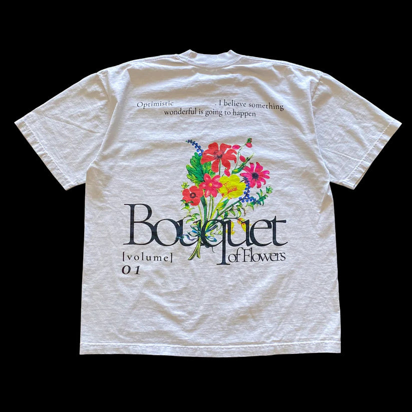 Retro Harajuku Classic Peach Blossom Print Casual Street Short Sleeve Round Neck T-Shirt