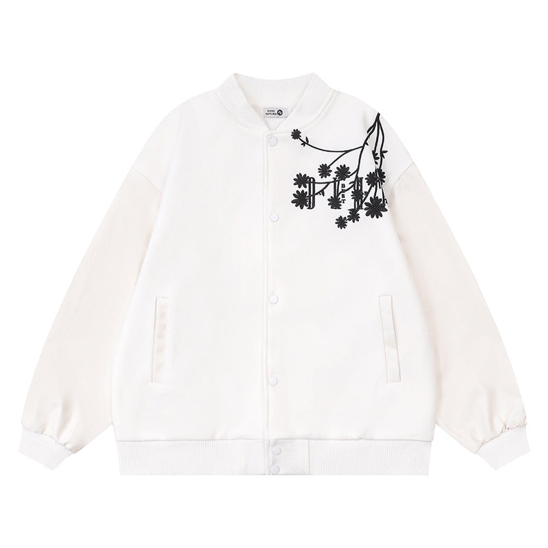 Baseball jacket with plum blossom embroidery and PU leather patchwork