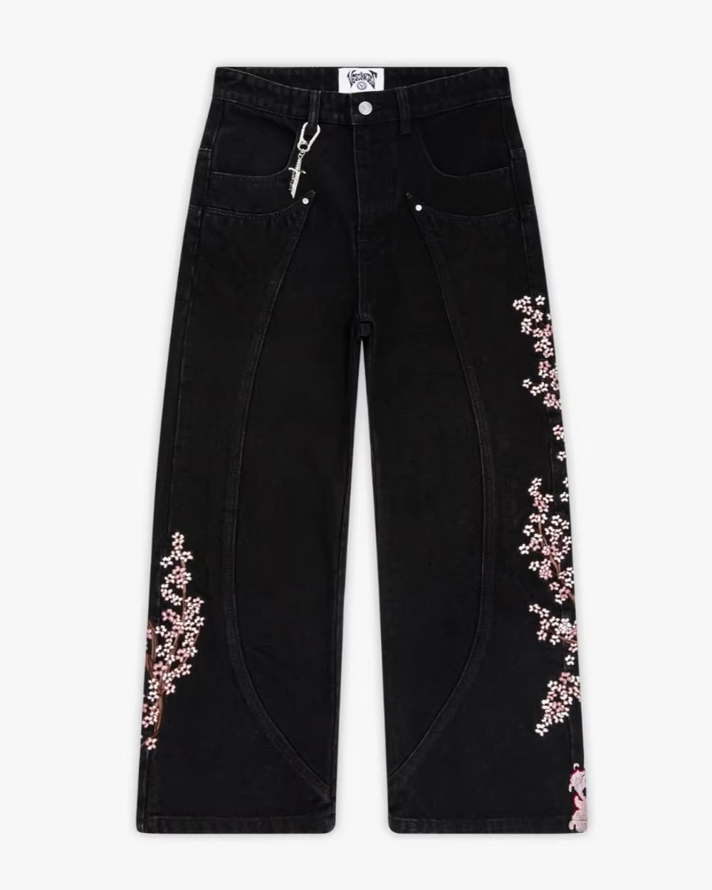 Vintage Harajuku Embroidered Plum Blossom Cotton Washed Denim Pants High Street Patchwork Slim Straight Leg Jeans