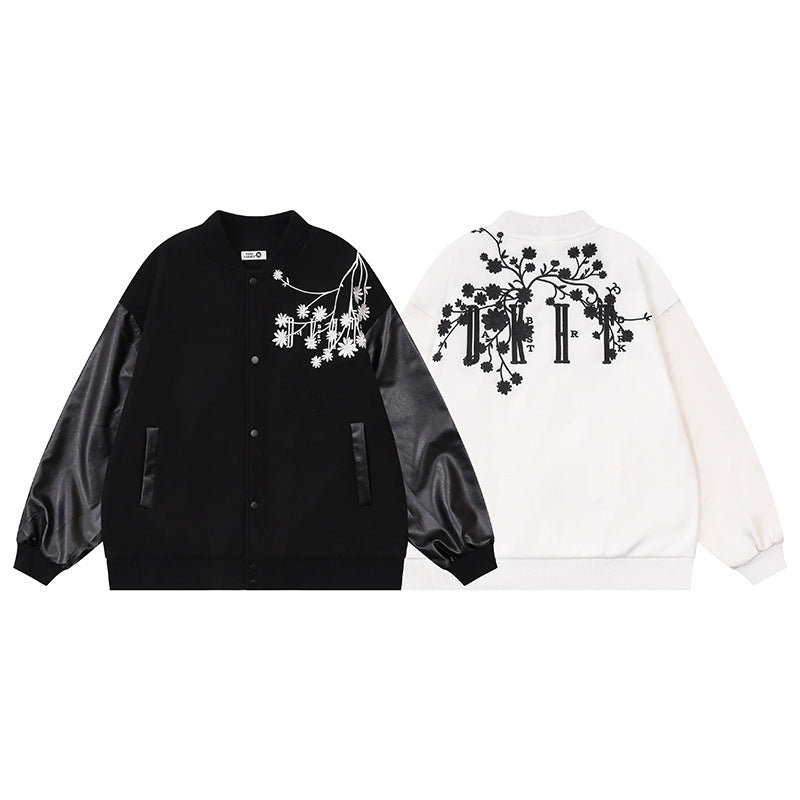 Baseball jacket with plum blossom embroidery and PU leather patchwork