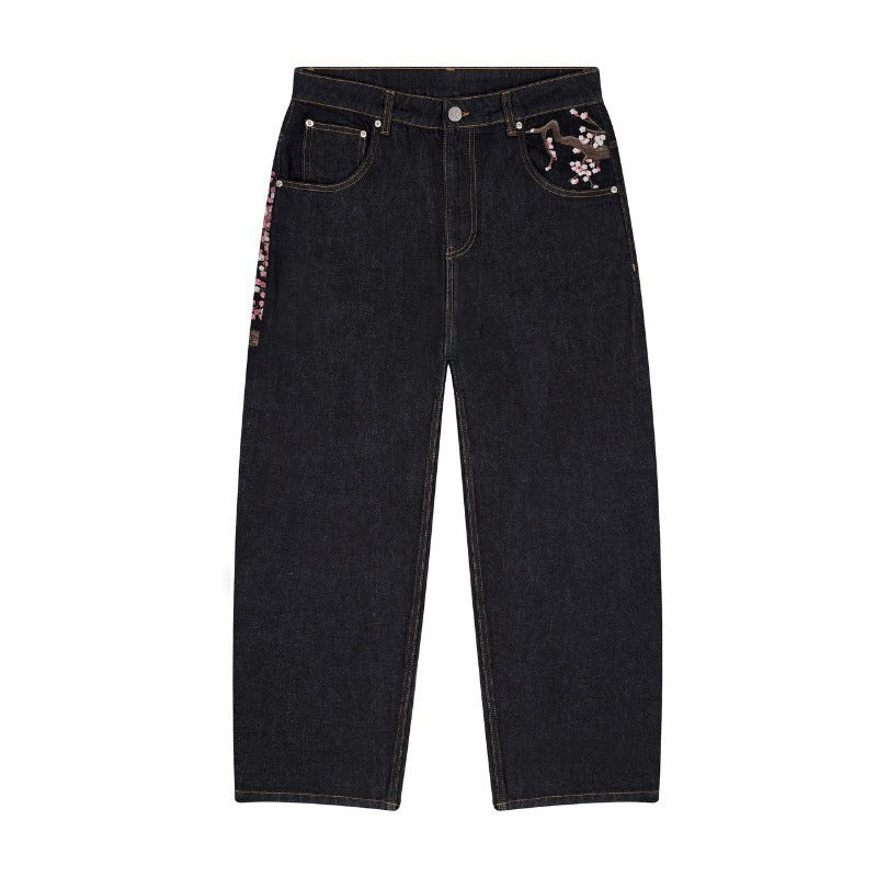 Brand derschutze Casual Long Pants Plum Blossom Embroidery Street Denim Pants Loose Wide-leg Pants for Men