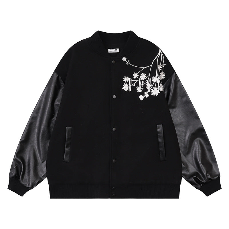 Baseball jacket with plum blossom embroidery and PU leather patchwork