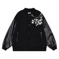 Baseball jacket with plum blossom embroidery and PU leather patchwork