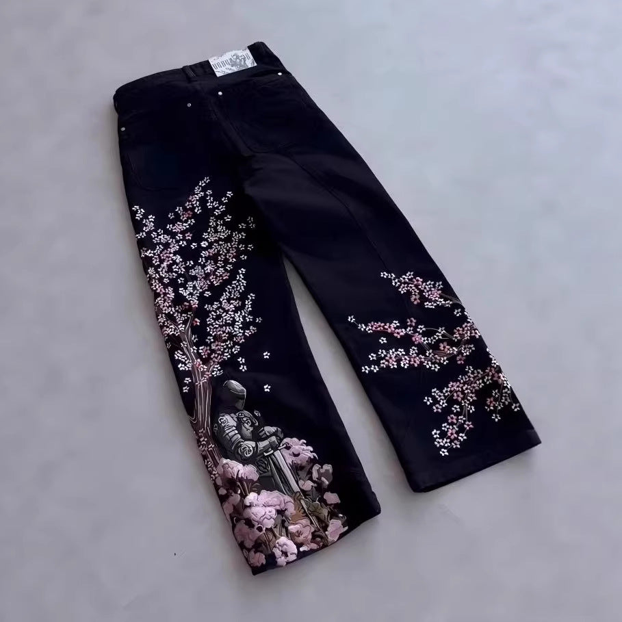 Vintage Harajuku Embroidered Plum Blossom Cotton Washed Denim Pants High Street Patchwork Slim Straight Leg Jeans